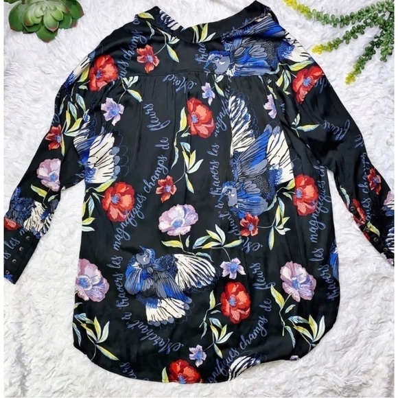 Free People Sz M Black Colorful Oversized Hawaiian Tropical Bird Shirt Tunic Top - Picture 11 of 14